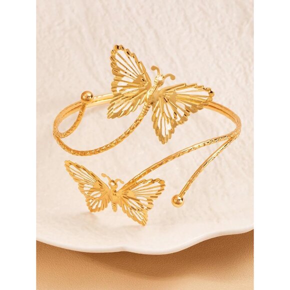 Elegant Gold Butterfly Cuff Bracelet - Adjustable Floral Arm Jewelry for Women - Picture 7 of 9